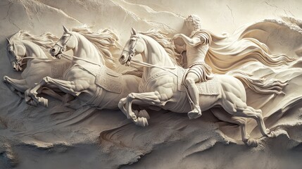 Roman charioteer in motion carved in high relief sunlight enhancing sense of speed and movement