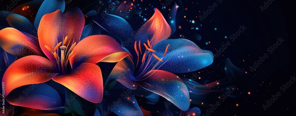 Canvas Prints abstract glowing blue and orange flowers with light particles on dark background generative ai