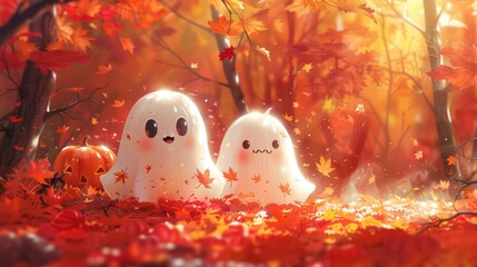 Cute and playful Halloween-themed illustration featuring cartoonish ghosts and pumpkins with expressive faces, surrounded by autumn leaves, creating a fun and lighthearted holiday atmosphere.