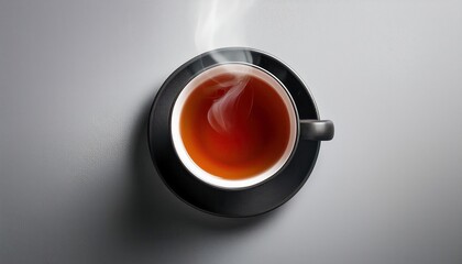 Top View of a Steaming Mug of Freshly Brewed Black Tea Against a Minimalist Gray Backdrop. Capturing the Essence of Warmth, Comfort, and Simplicity for Blogs, Wellness, Cafe Menus, Lifestyle Content