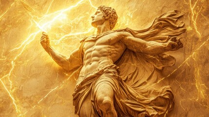 Naklejka premium Large marble relief of Roman god holding thunderbolt muscular figure in deep relief golden light highlighting sharp lines and shadows