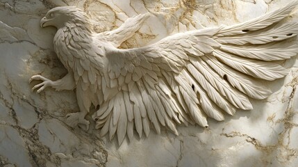 Detailed high-relief carving of a winged creature with midday shadows on marble