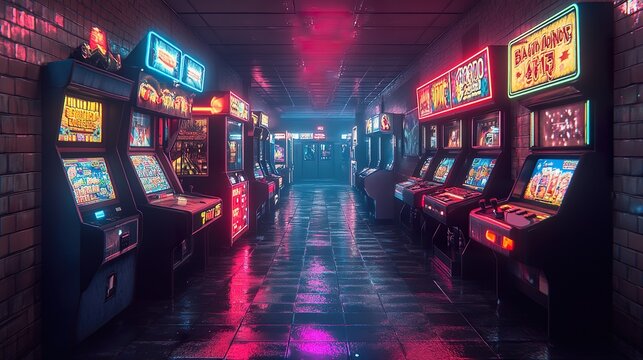 Retro Arcade with Glowing Game Machines and Neon Lights