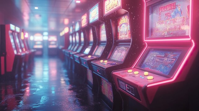 Retro Arcade with Glowing Game Machines and Neon Lights