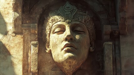 Intricately carved face on a stone keystone deep grooves highlighted by sunlight