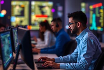 Blurred Figures Working at Computers Connected by Dabs of Color
