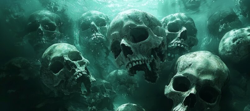 A swarm of ominous skulls suspended in mesmerizing ocean light, capturing the viewer's imagination and evoking feelings of awe and unease simultaneously.