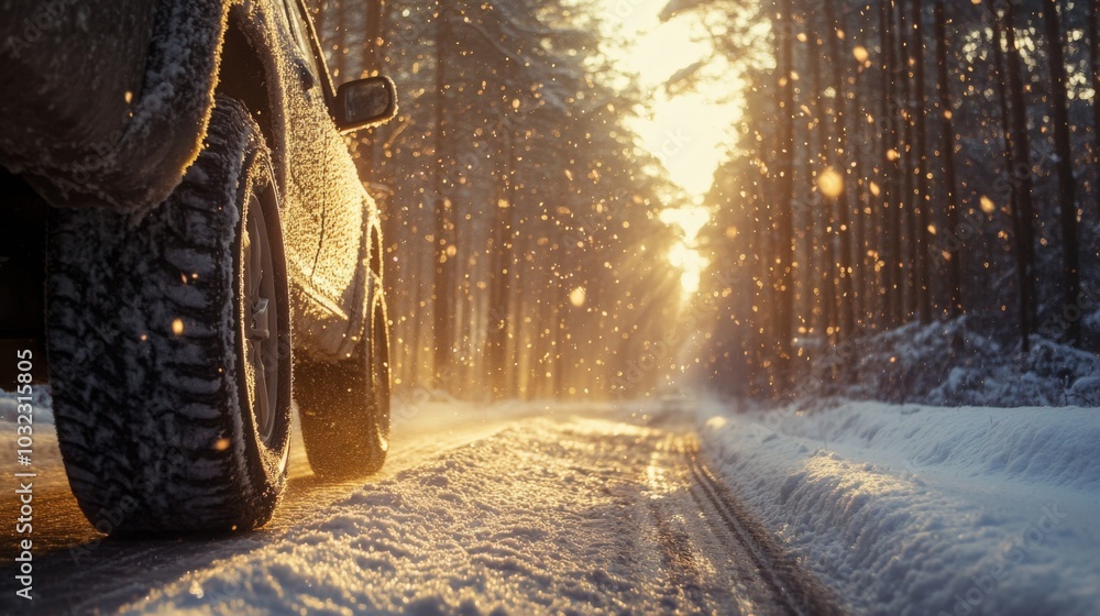 Poster a vehicle travels along a snow-covered forest road during sunset. soft sunlight filters through the 