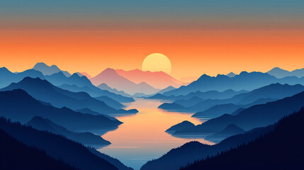 Fototapeta premium Splendid landscapes the Great Wall, Yellow Rivers, National Day holiday poster background. Peaceful mountain landscape with sunset, lake, and trees, minimalist nature illustration.