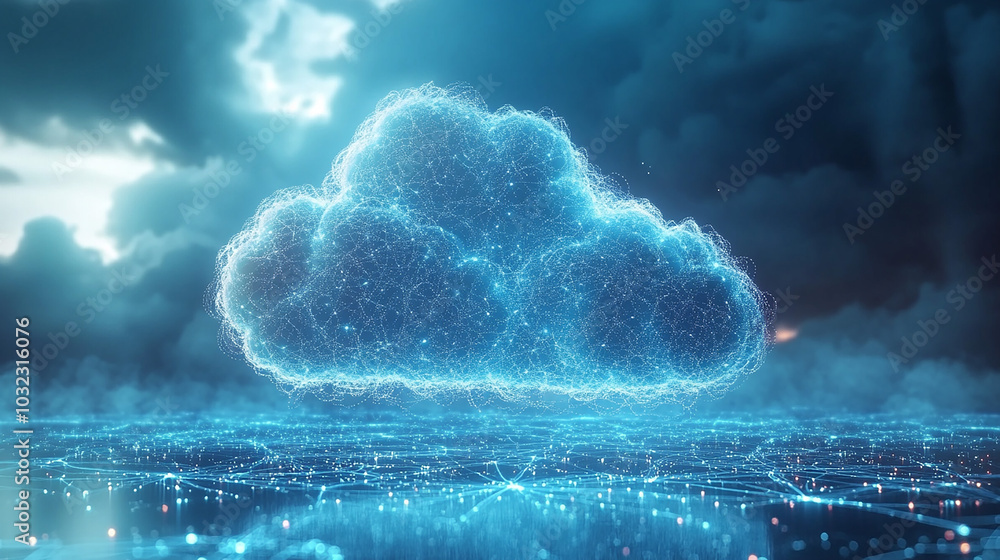 Poster realistic 3d rendering of cloud hologram in technology with network connection, blue background, dig