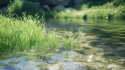 Fototapeta premium Grass growing along the edge of a clear stream, with detailed reflections in the water