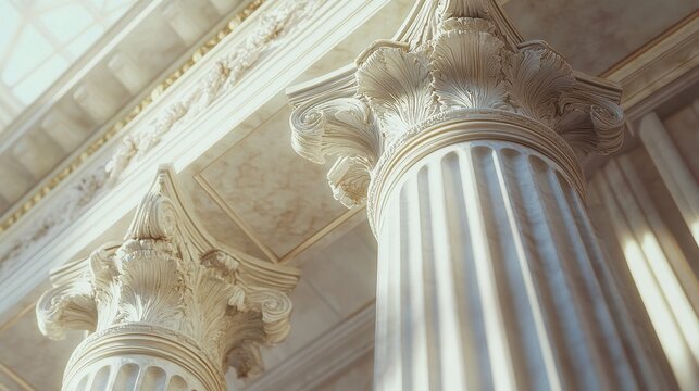 Ornate Corinthian column with fluted marble shafts natural light enhancing the details