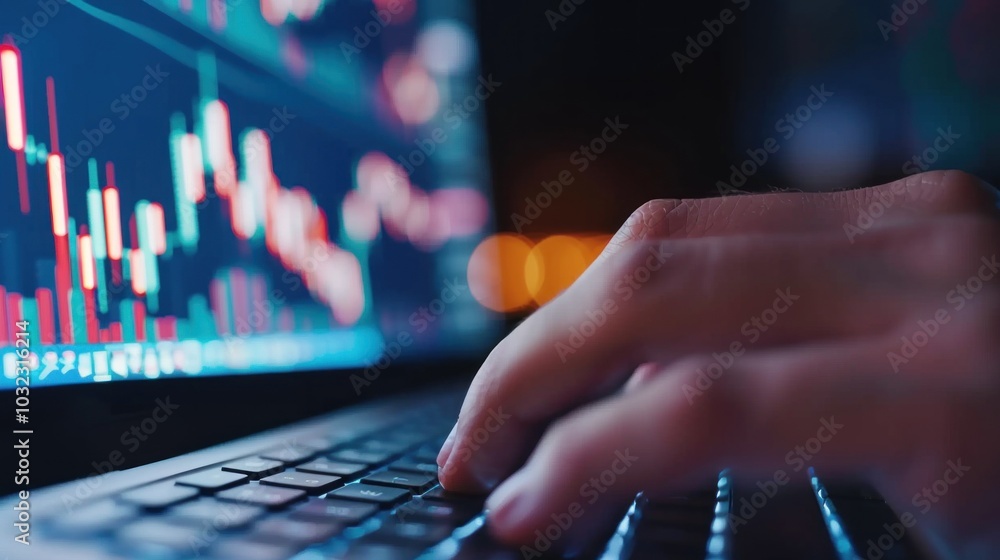 Aufkleber hands typing on laptop with stock market data and candlestick chart displayed on screen.