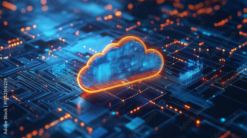 Poster realistic 3d rendering of cloud hologram in technology with network connection, blue background, dig