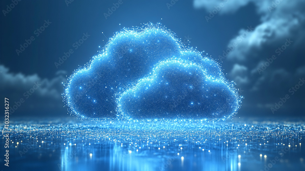 Poster realistic 3d rendering of cloud hologram in technology with network connection, blue background, dig