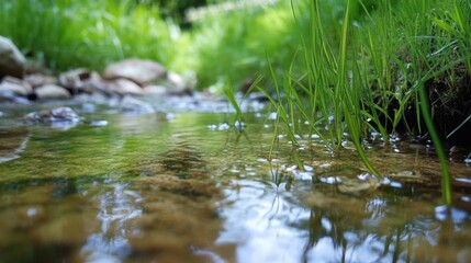 Obraz premium Grass growing along the edge of a clear stream, with detailed reflections in the water
