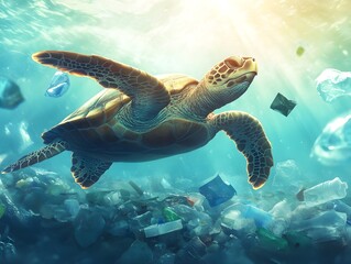Obraz premium Sea Turtle Swimming Through Polluted Ocean Waters