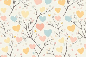 Cute heart and branch pattern on a pastel background

