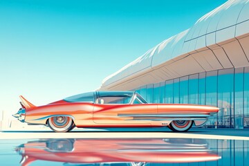 Classic retro car in front of a futuristic modern building with clear blue skies

