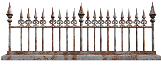 A weathered, wrought-iron fence with pointed tops, showcasing rust and age, set against a transparent background.