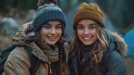 Young women laughing and enjoying a cozy campfire in the woods during a road trip.