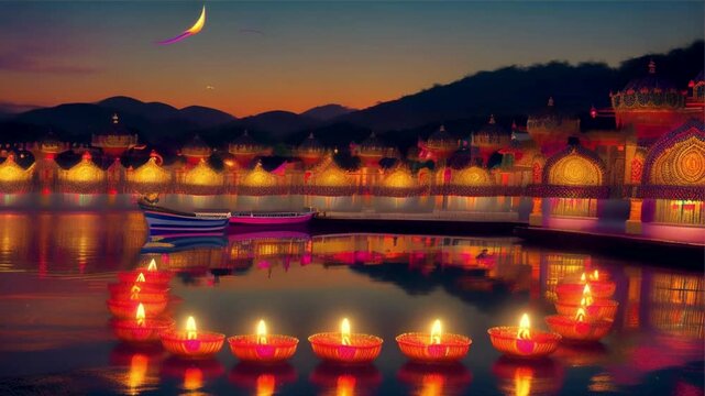 night view of the city of the river in diwali festivel