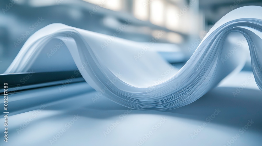 Poster a close-up of a stack of white paper being processed in a factory. the paper is folded and curved, c