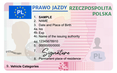 Poland driving licence illustration isolated on white background. Person driver license