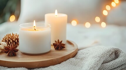 A cozy and inviting hygge inspired room with soft warm lighting plush cushions and candles flickering gently on the table creating a serene and tranquil atmosphere for relaxation and comfort