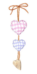 Pendant with hearts made of fabric and wood with jute ropes. Isolated composition hand-painted with watercolors on a white background. Collections for Valentine's Day. For design, souvenirs, printing