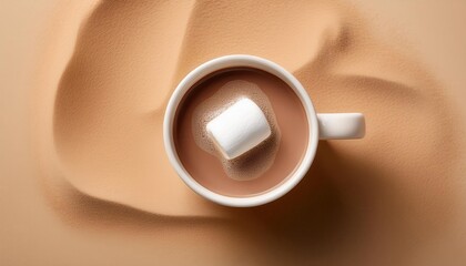 Top View of a Creamy Hot Chocolate in a Beige Mug with a Floating Marshmallow on a Soft Beige Background for Concepts of Warmth, Comfort, Winter Treats, Relaxation, or Holiday Beverage Promotion