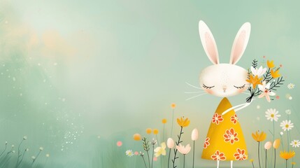 Fototapeta premium Whimsical Easter bunny holding flowers in a spring meadow with green background