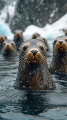 Fototapeta premium Arctic spotted seals on ice, close-up. Wildlife and nature concept.