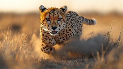 Naklejka premium Stealthy Cheetah Sprinting Across Open Plains: Ideal for Wildlife Documentaries, Nature Photography, and Safari Themes