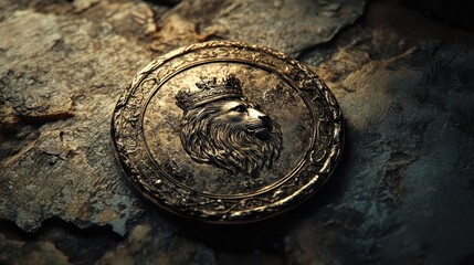 Worn silver medallion with lion and crown resting on stone surface with soft dim lighting