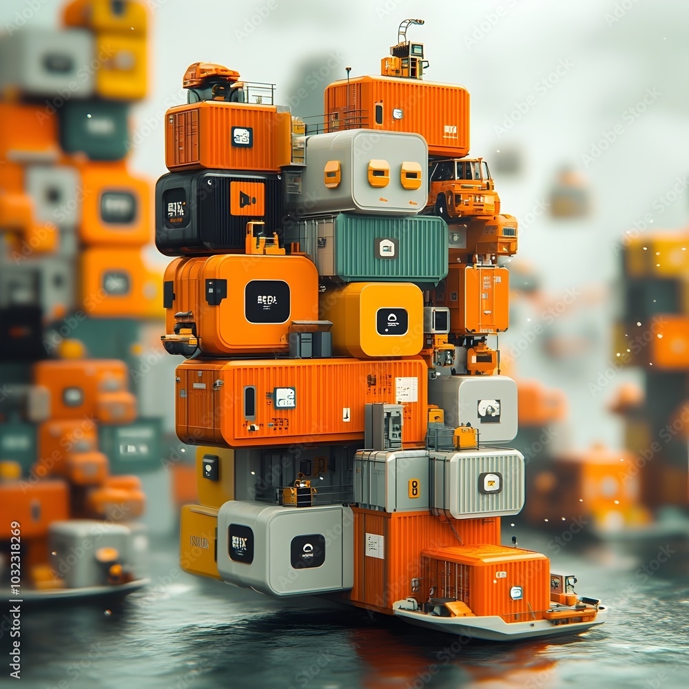 Poster towering futuristic cargo container carriers displaying advanced hull structures and intelligent rob