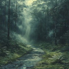 Winding path and gentle light in a serene pine forest shrouded in morning fog