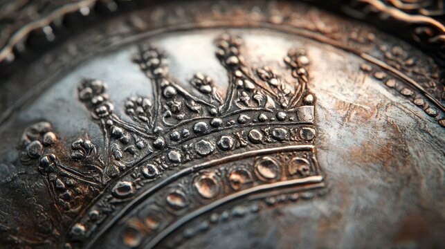 Detailed view of silver coin crown with tiny jewels subtly worn and softly illuminated