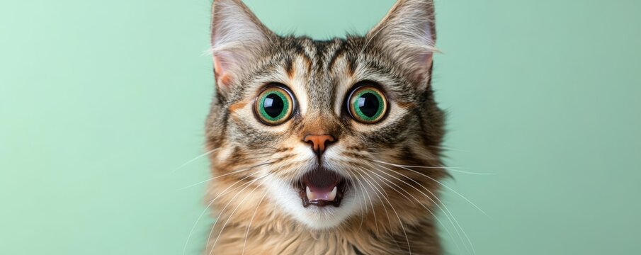 Crazy surprised cat makes big eyes close-up on a colored background. , isolated on white background,  , free space text, copy space, copy space for text,