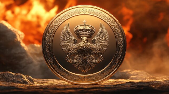 Silver coin with crown flames and eagle standing upright on stone sharply illuminated