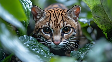 Stealthy Ocelot Prowling Through Lush Jungle