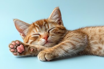 Cute Sleeping kitten with paws up on blue background