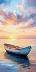 Fototapeta premium Serene sunset over a tranquil boat on calm waters