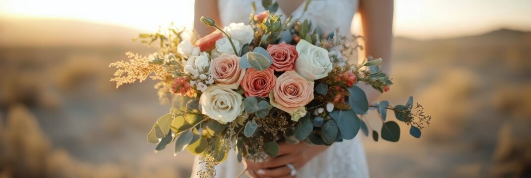 Bridal bouquet of roses and greenery at sunset in an outdoor desert setting