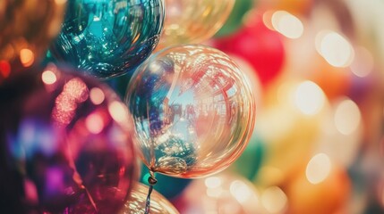 A close-up view of colorful balloons with a blurred background.