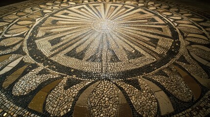Geometric floor mosaic of earth-toned tiles forming intricate patterns of circles and triangles