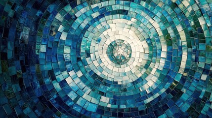 Spiral mosaic of blue green and white tiles with central star glossy and brightly lit