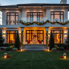 festive villa exterior with christmas decorations, merry christmas and happy new year 2025