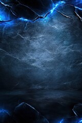 Dark concrete texture background, rough and industrial, deep gray tones with subtle details. blue light shining through cracks.