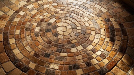 Fototapeta premium Textured circular floor mosaic of brown beige and terracotta tiles softly lit with natural tones